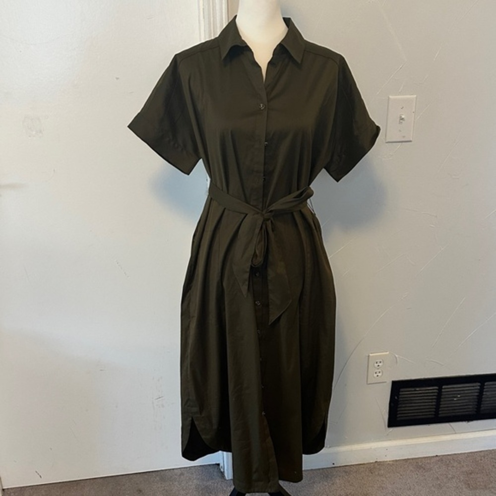 Chicos Green Cotton Mix Shirt Dress Belted Dress EUC 2
